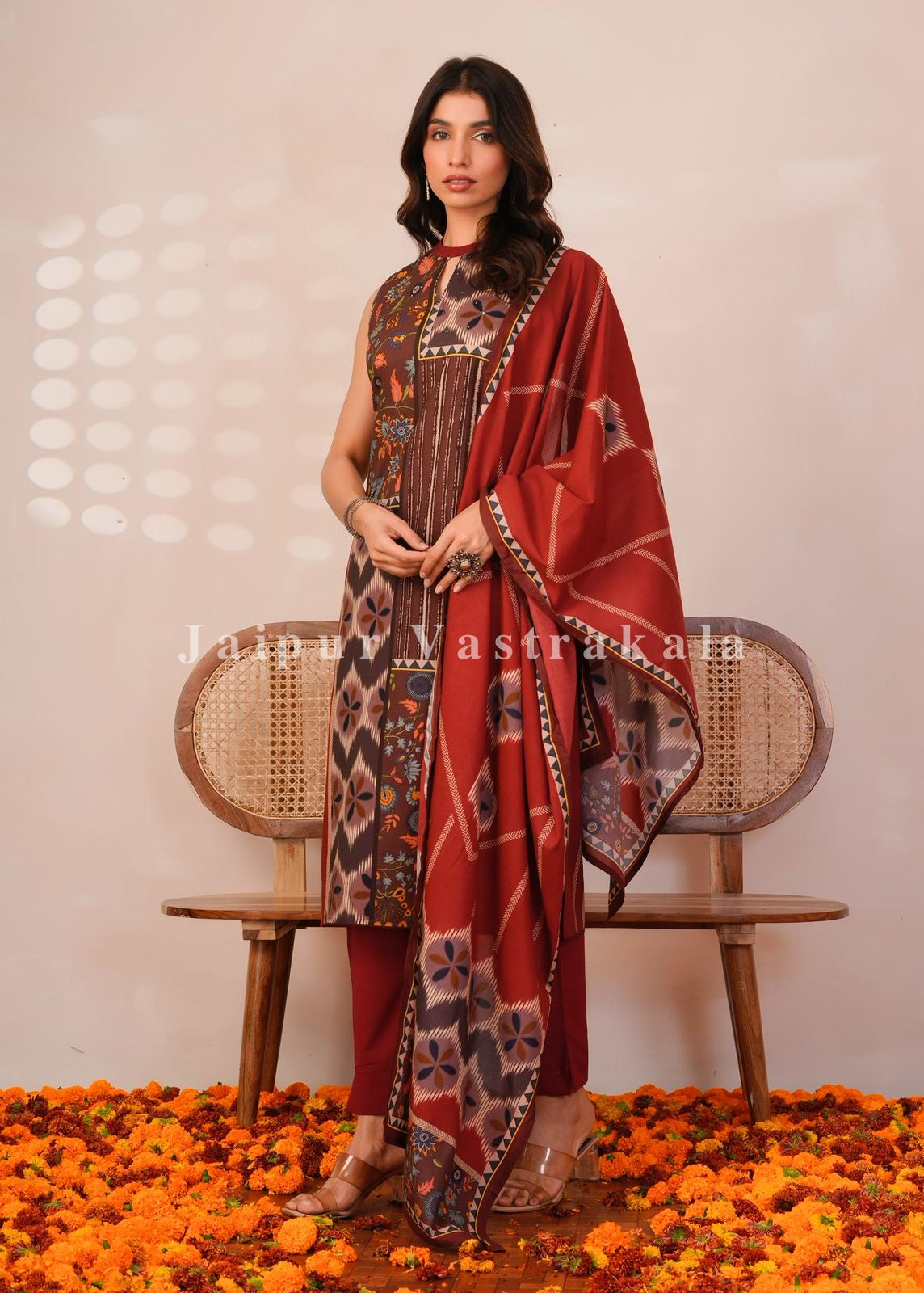 Rust Brown Panel Print Sleeveless Cotton Suit