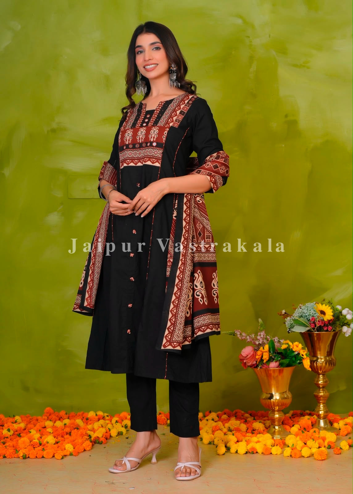 Black Heritage Patch A-line Cotton Dupatta Set