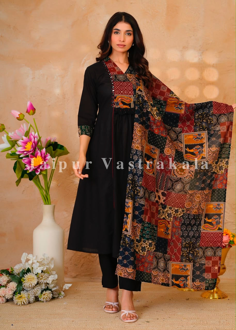 Black Heritage Patch A-line Cotton Dupatta Set
