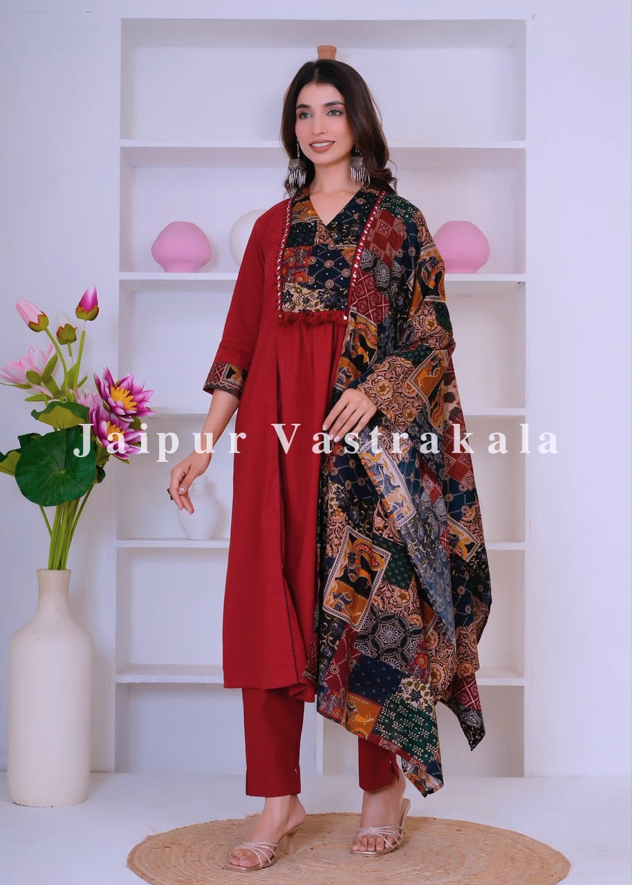 Maroon Heritage Patch A-line Cotton Dupatta Set