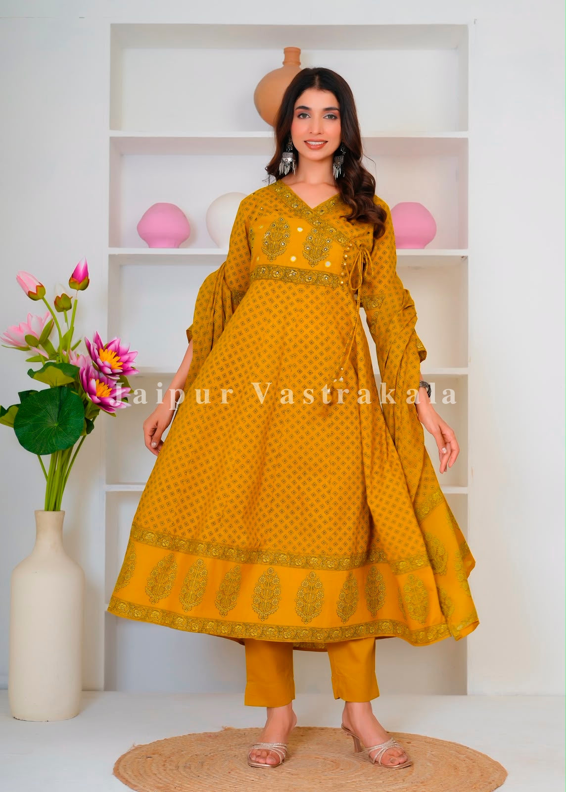 Mustard Mughal Anghrakha Cotton Dupatta Set