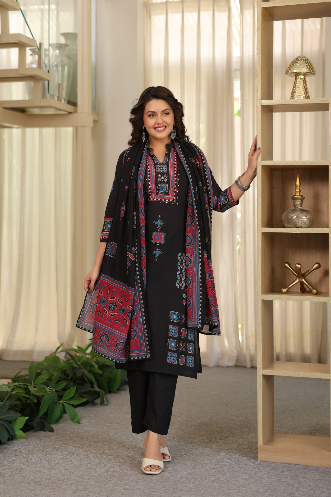Black Ajrakh Placement Cotton Dupatta Suit