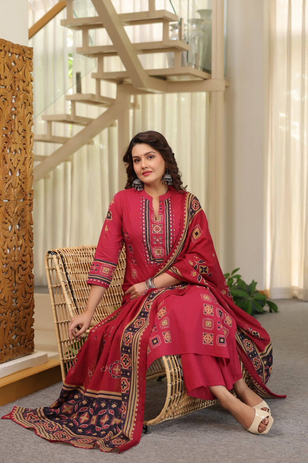 Cranberry Ajrakh Placement Cotton Dupatta Suit