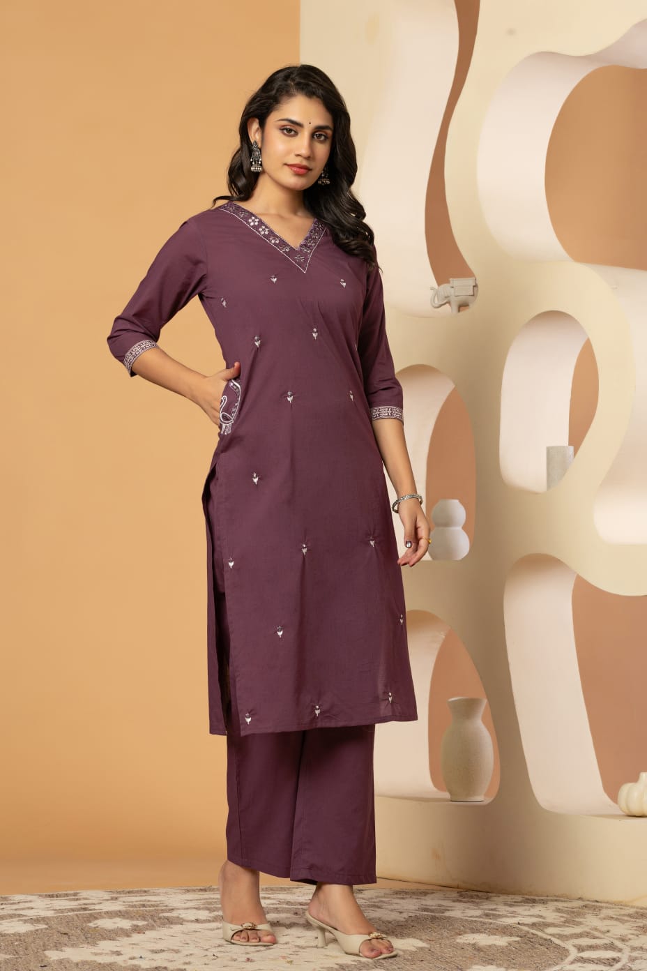 Burgundy Buds Embroidery Cotton Suit