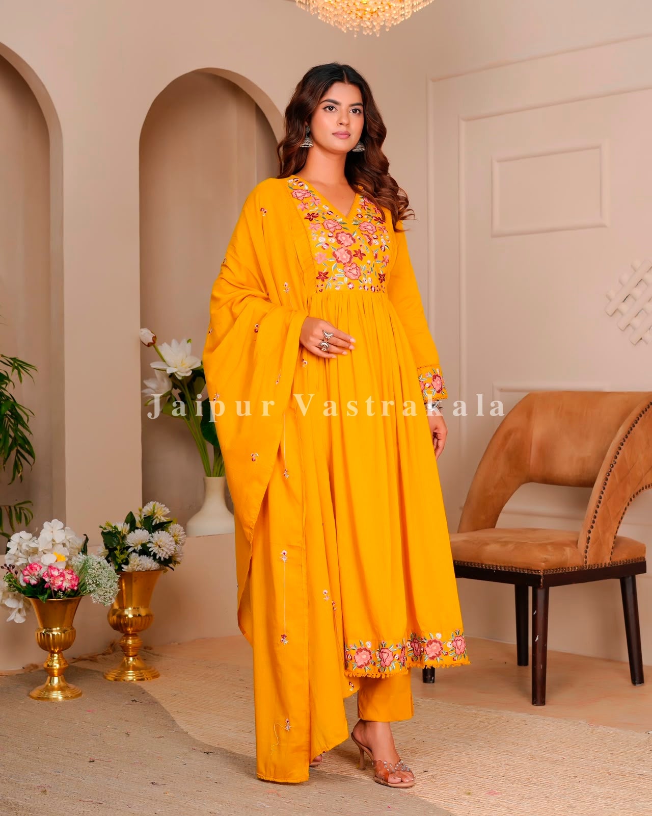 Yelow Petals Embroidery Mul Cotton Anarkali Suit