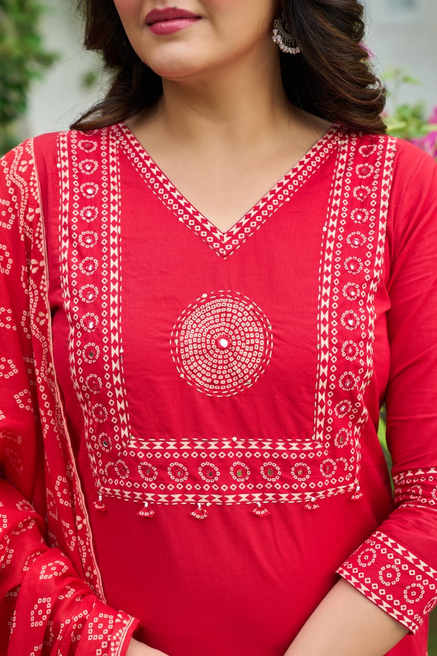 Red Mandala Yoke Cotton Dupatta Set