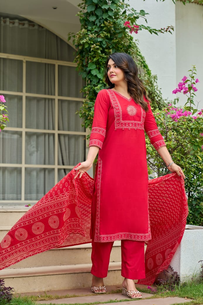 Red Mandala Yoke Cotton Dupatta Set