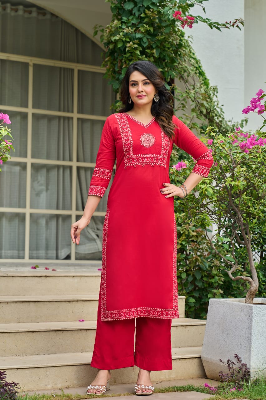 Red Mandala Yoke Cotton Dupatta Set