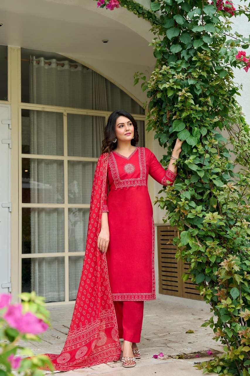 Red Mandala Yoke Cotton Dupatta Set