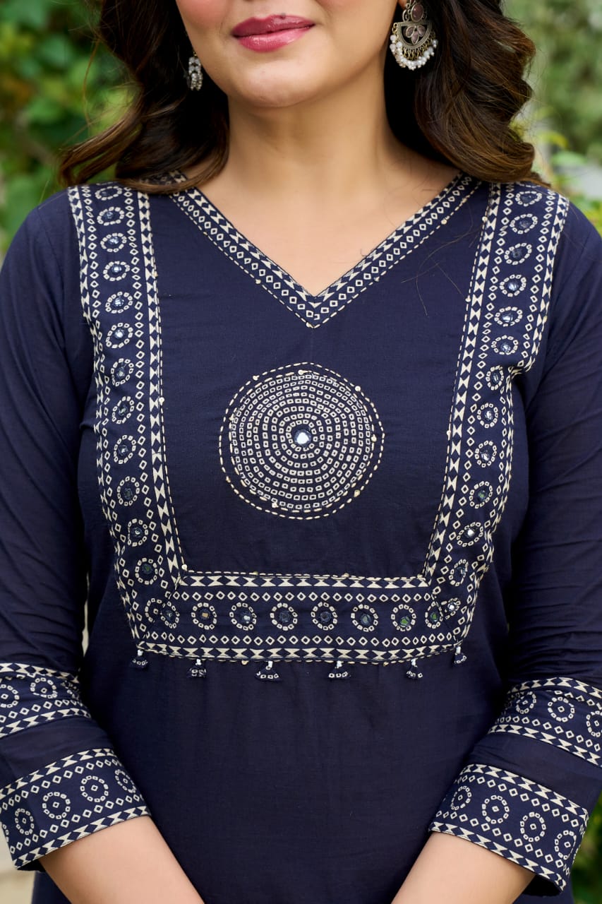 Navy Mandala Yoke Cotton Dupatta Set