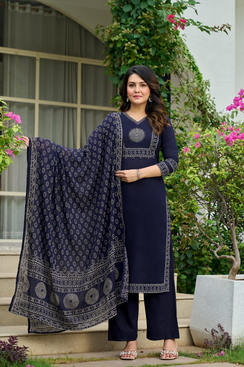 Navy Mandala Yoke Cotton Dupatta Set