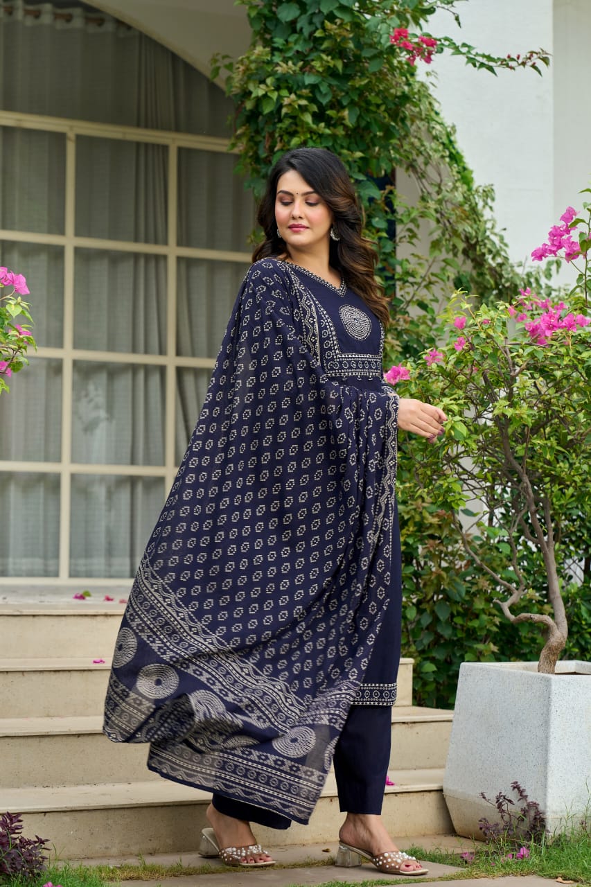 Navy Mandala Yoke Cotton Dupatta Set