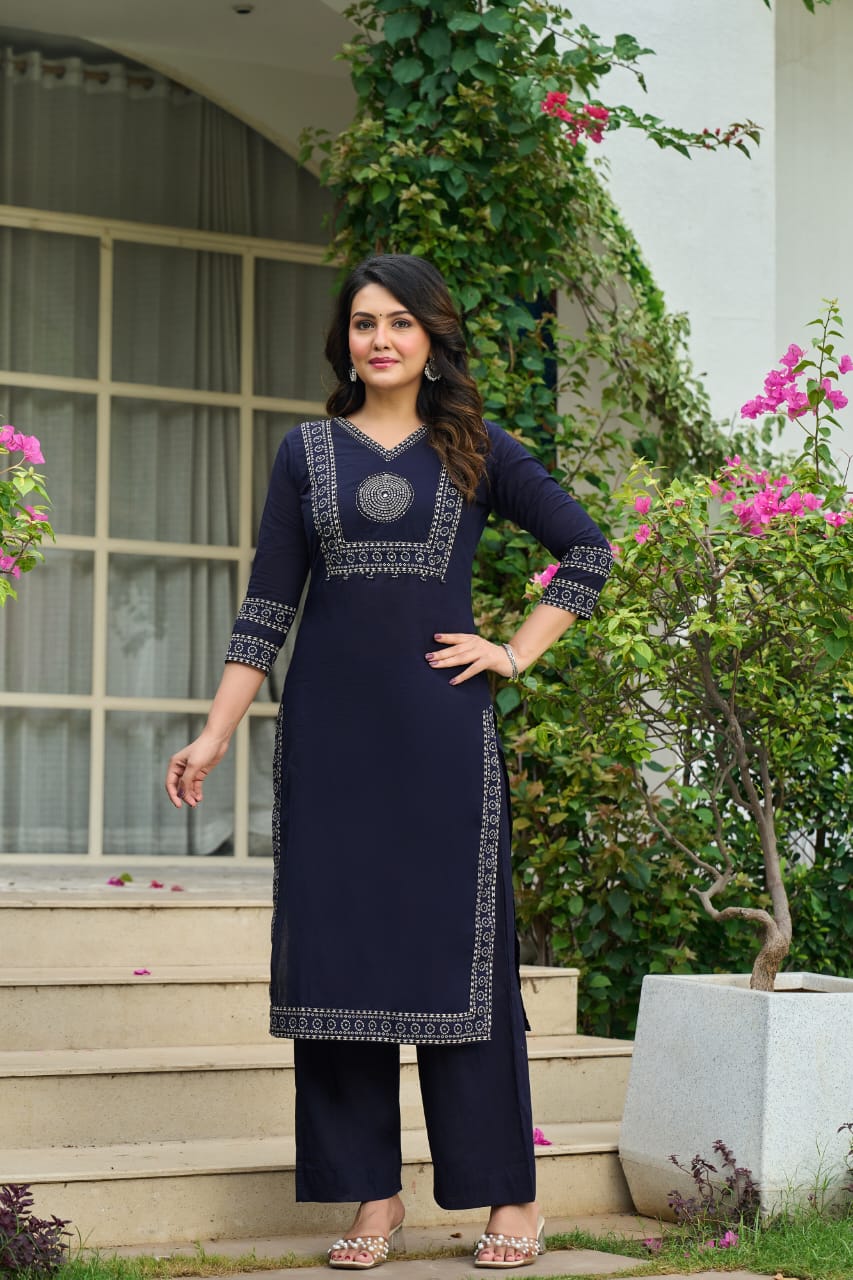 Navy Mandala Yoke Cotton Dupatta Set