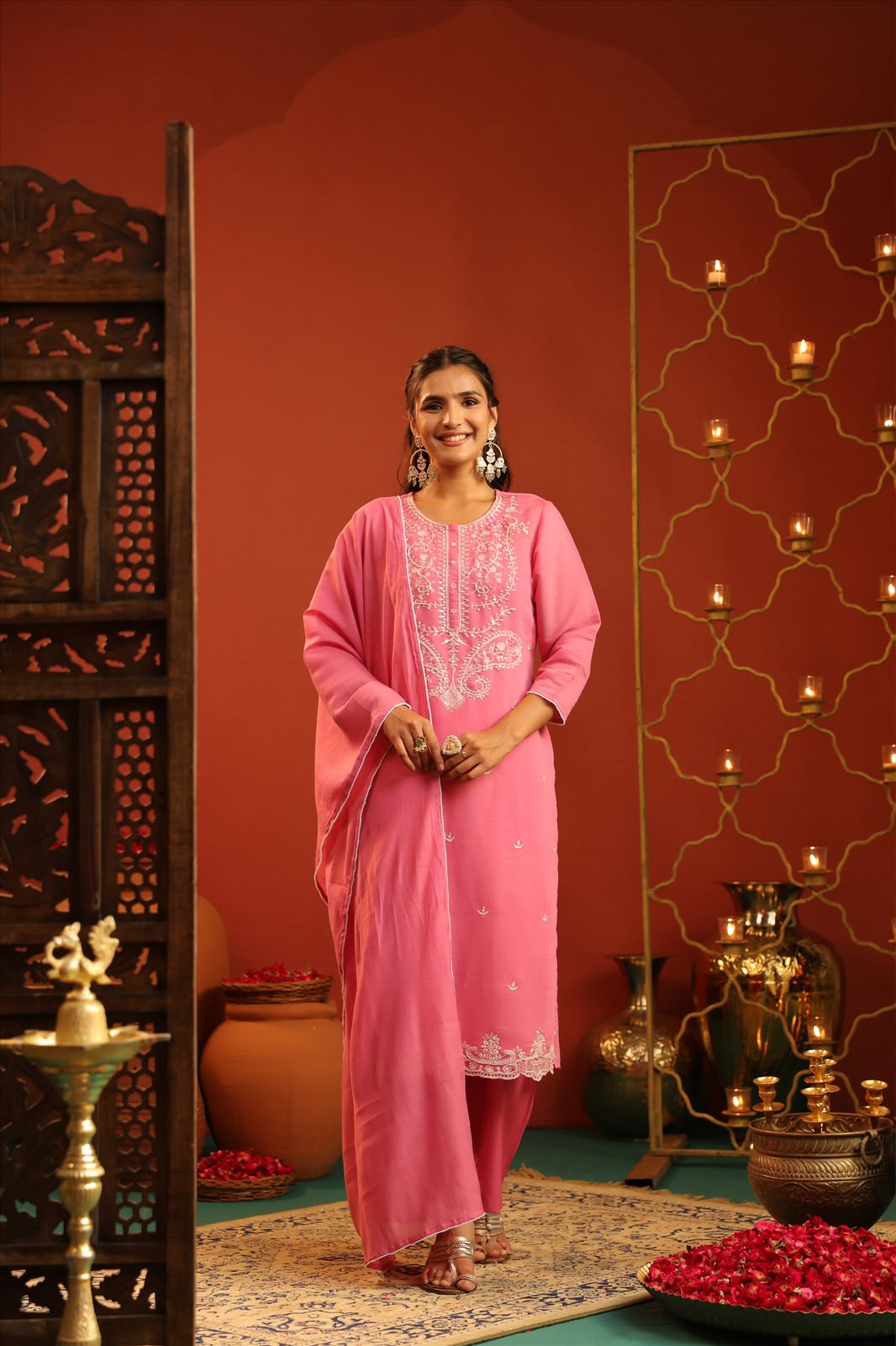 Coral Pink Silk Embroidery Suit