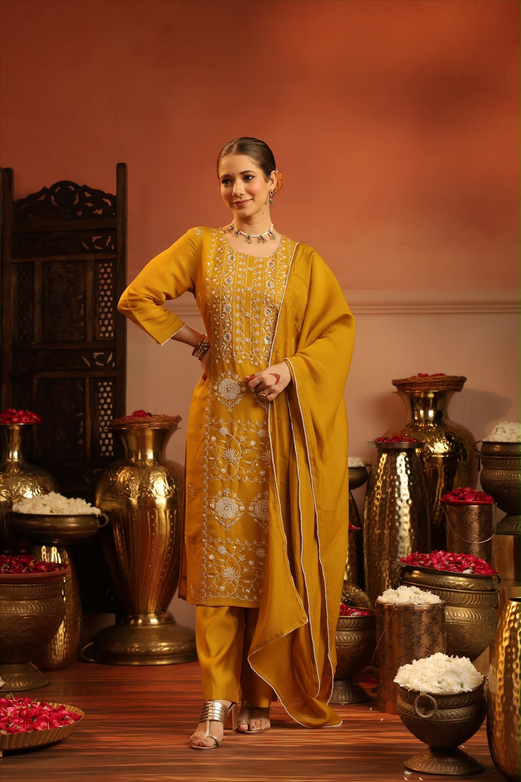 Mustard Silk Festive Embroidery Suit