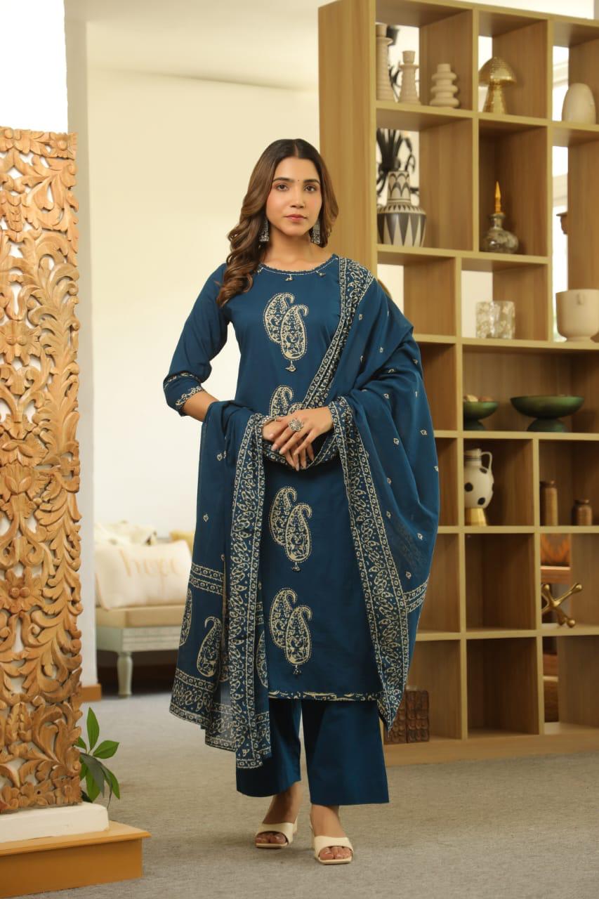 hand block printed kurta set with dupatta