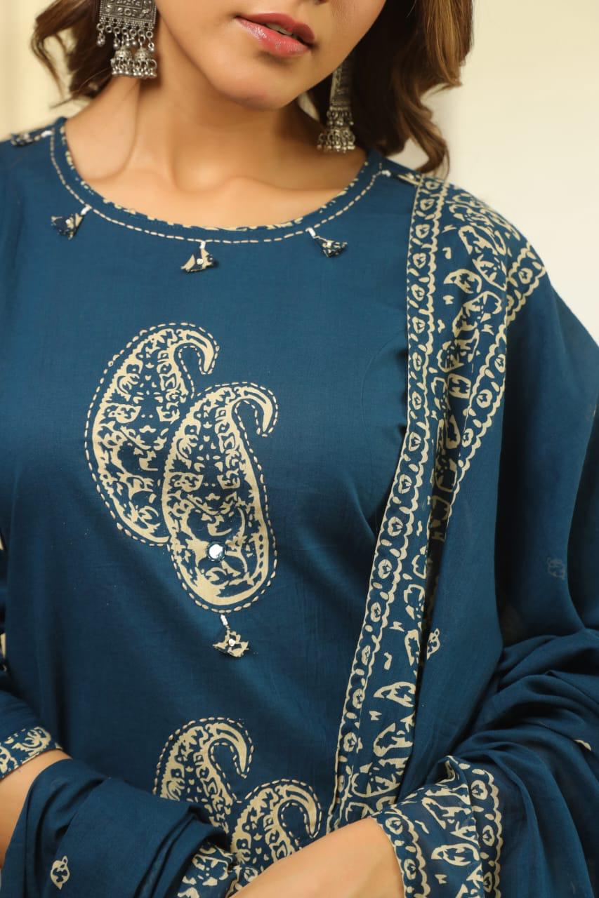 Blue Paisley Cotton Dupatta Set