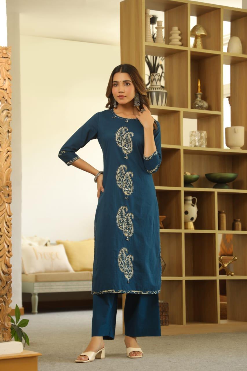 Blue Paisley Cotton Dupatta Set