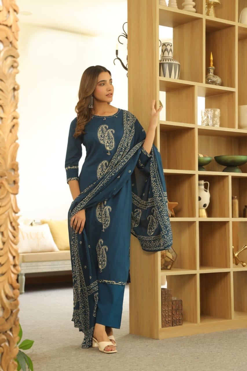 Blue Paisley Cotton Dupatta Set