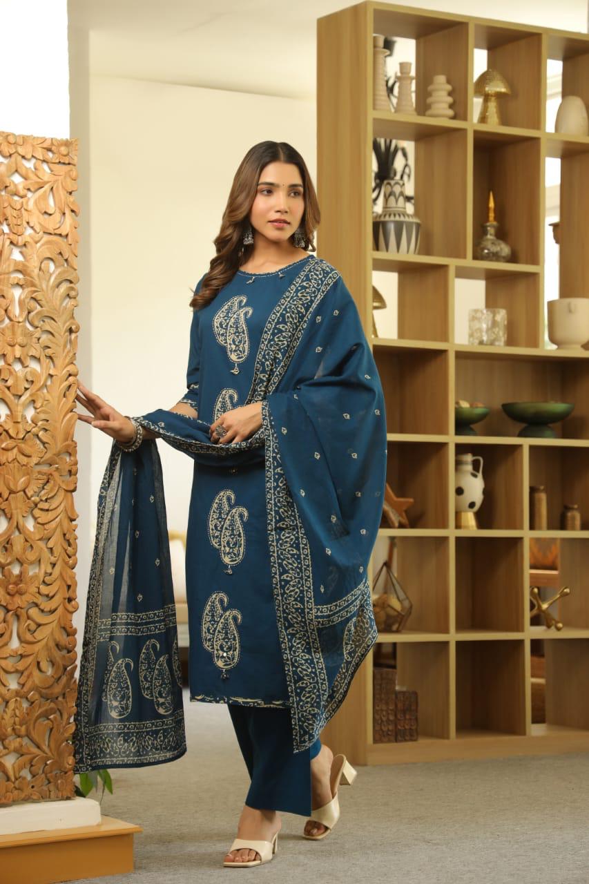 Blue Paisley Cotton Dupatta Set