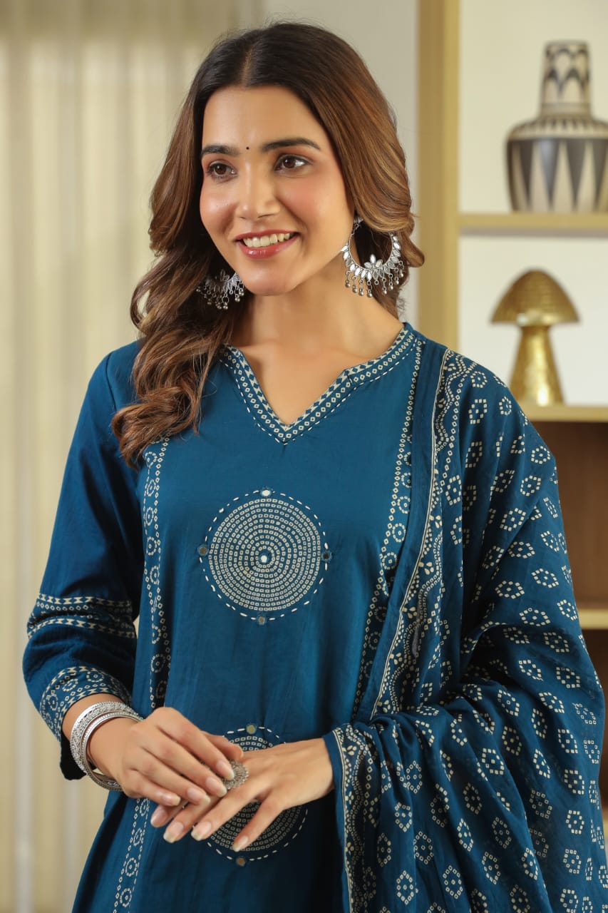 Teal Blue Mandala Matrix Cotton Dupatta Set
