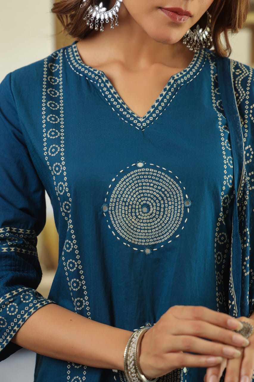 Teal Blue Mandala Matrix Cotton Dupatta Set