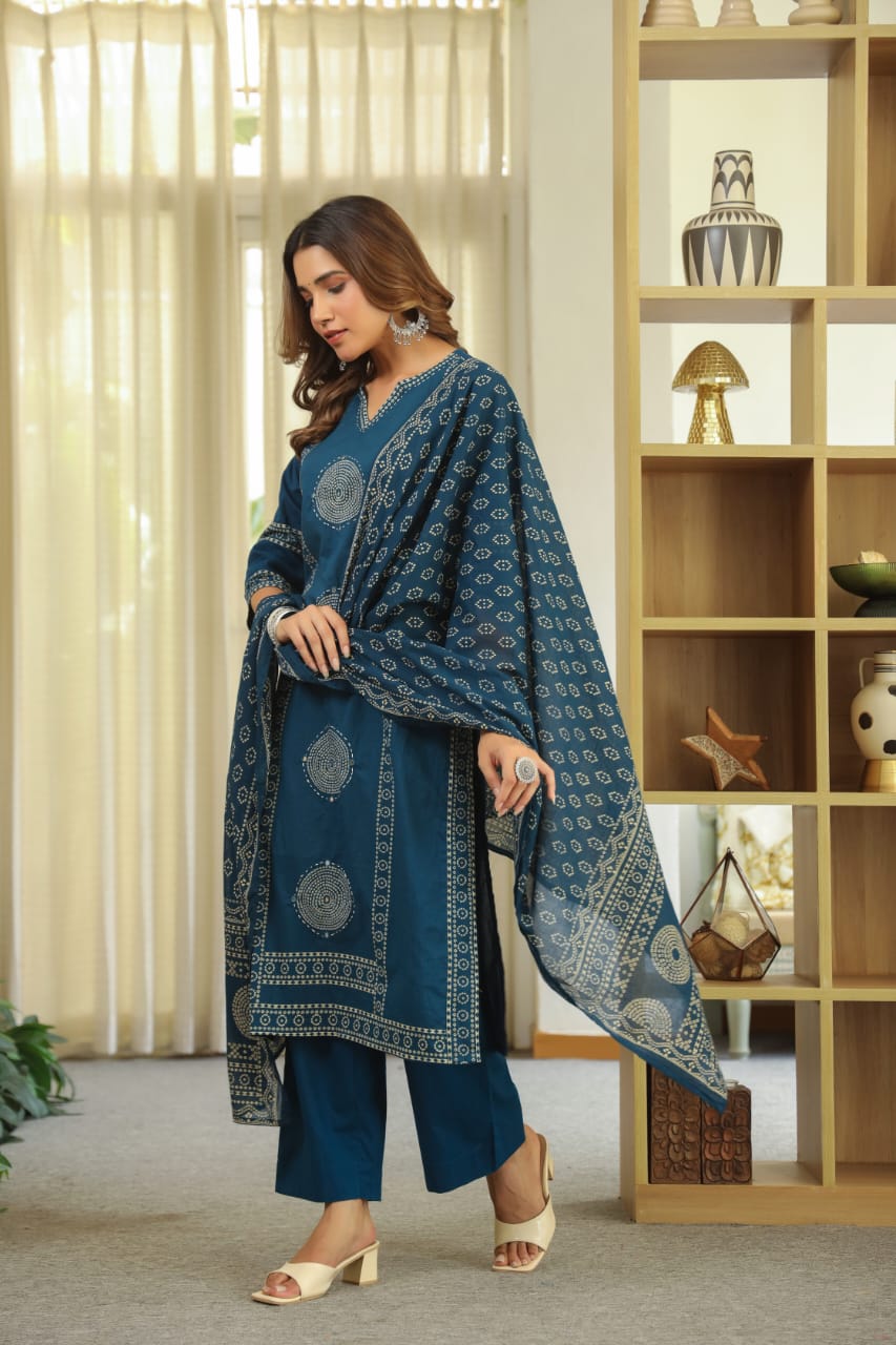 Teal Blue Mandala Matrix Cotton Dupatta Set