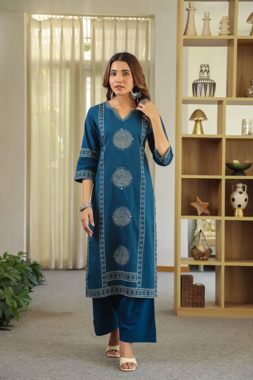 Teal Blue Mandala Matrix Cotton Dupatta Set