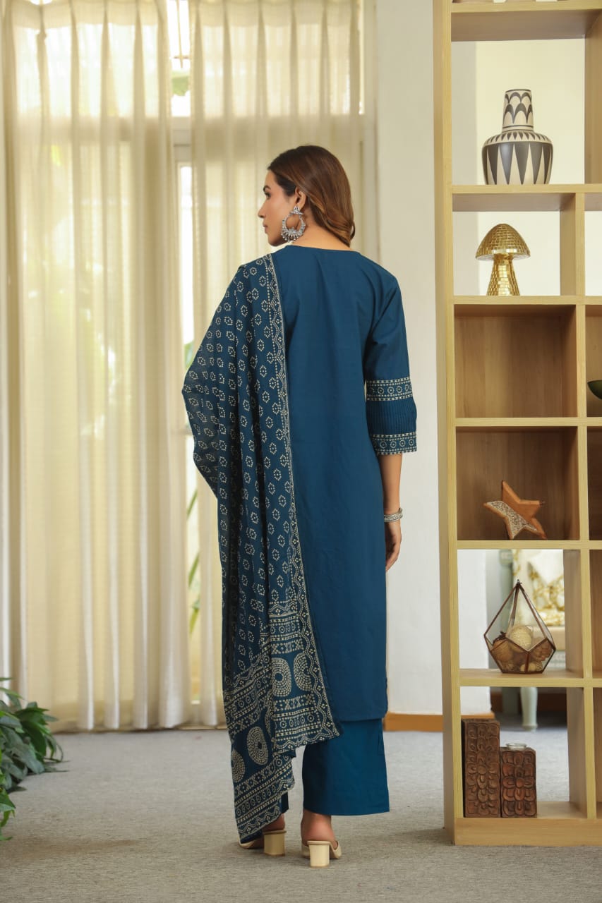 Teal Blue Mandala Matrix Cotton Dupatta Set