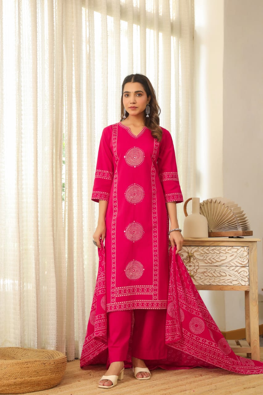 Pink Mandala Matrix Cotton Dupatta Set