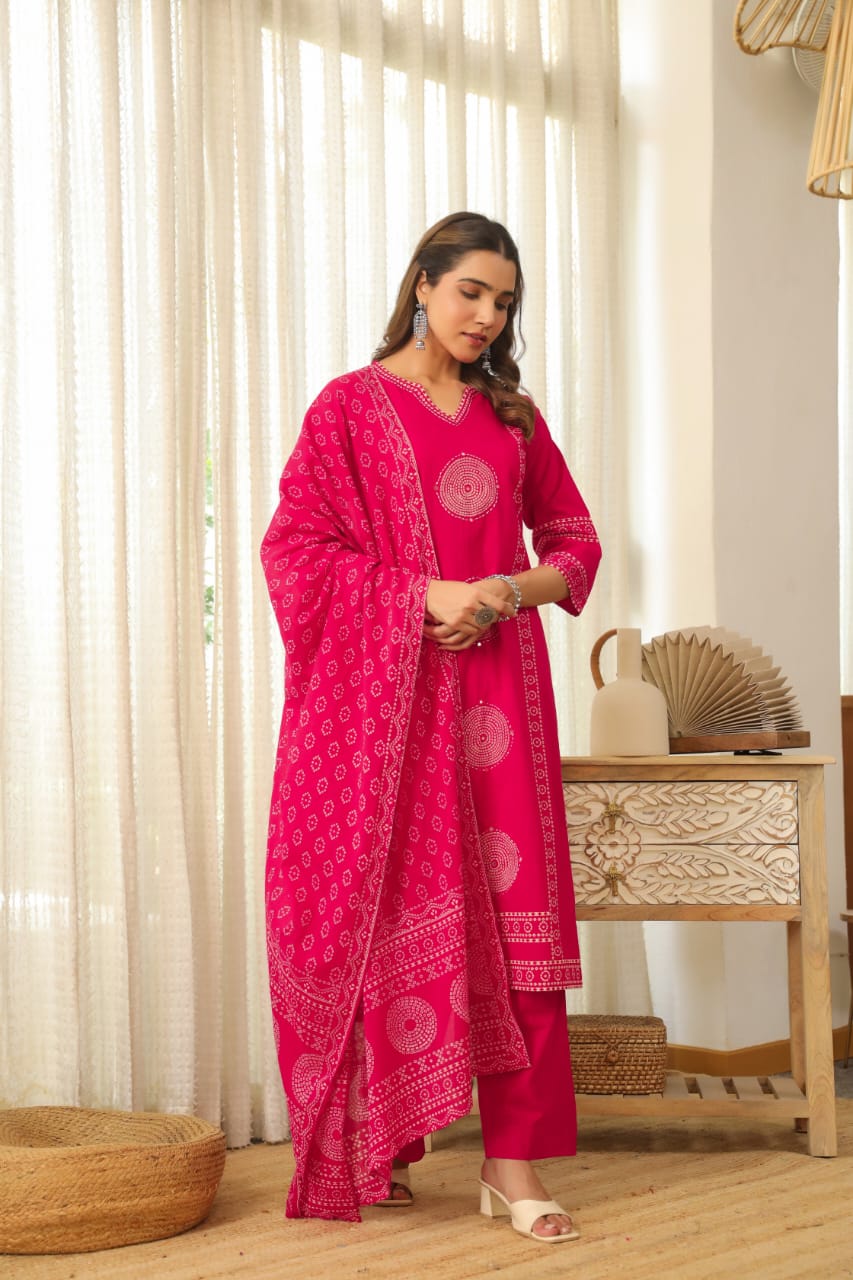 Pink Mandala Matrix Cotton Dupatta Set
