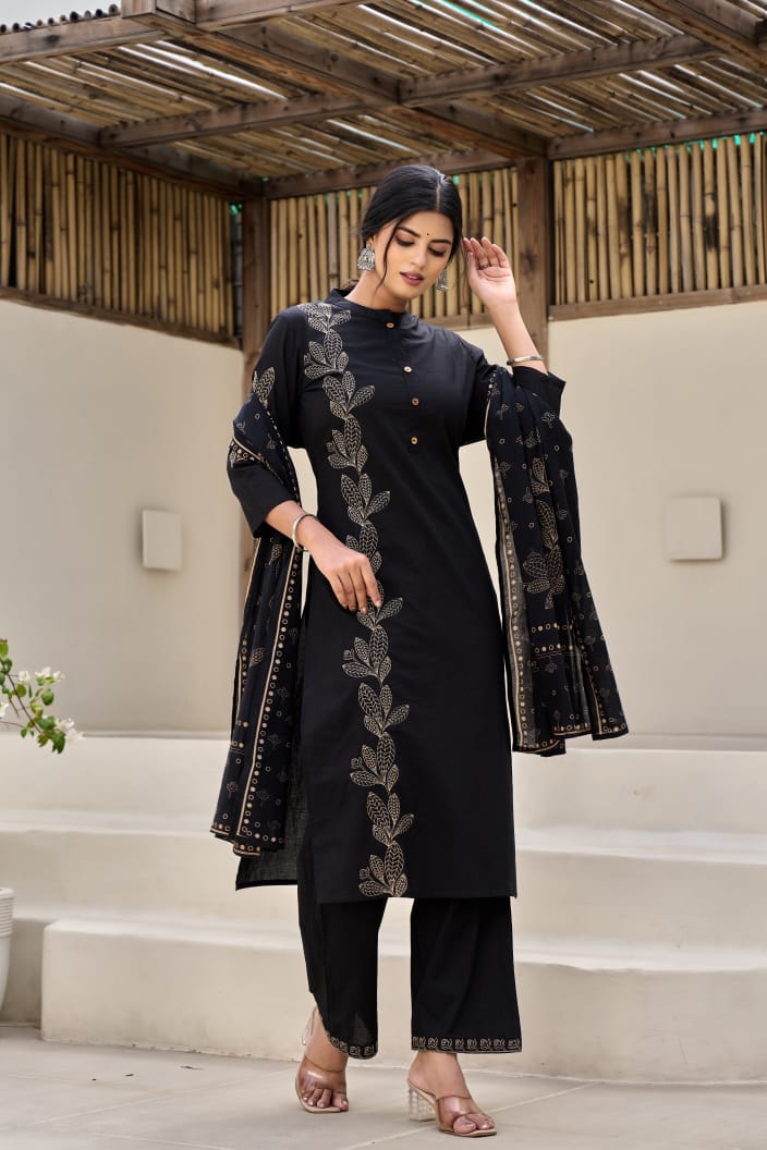 Black Flora Embroidery Cotton Dupatta Set