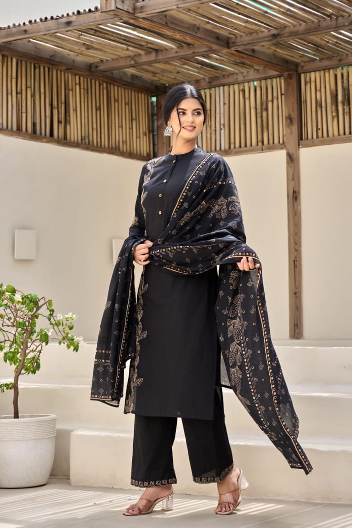 Black Flora Embroidery Cotton Dupatta Set