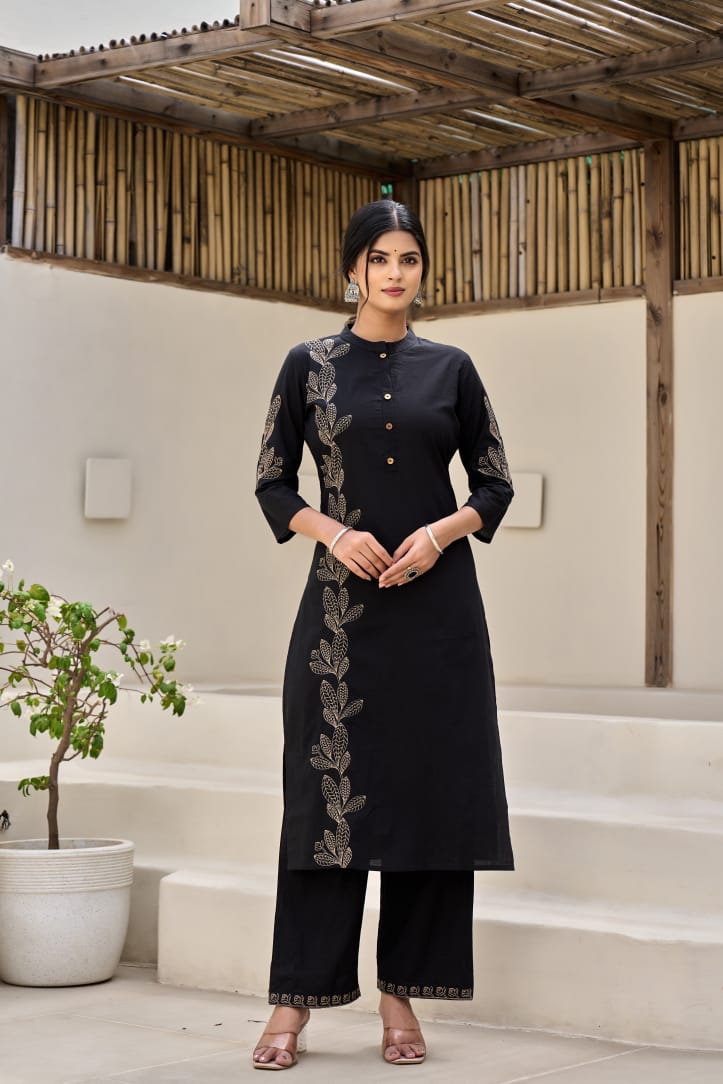 Black Flora Embroidery Cotton Dupatta Set