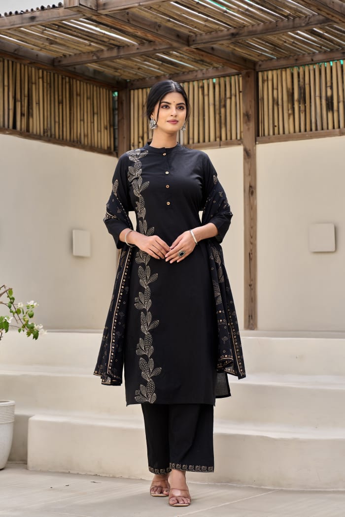 Black Flora Embroidery Cotton Dupatta Set