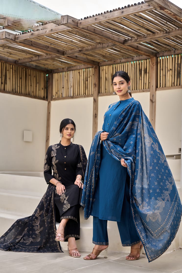 Blue Flora Embroidery Cotton Dupatta Set