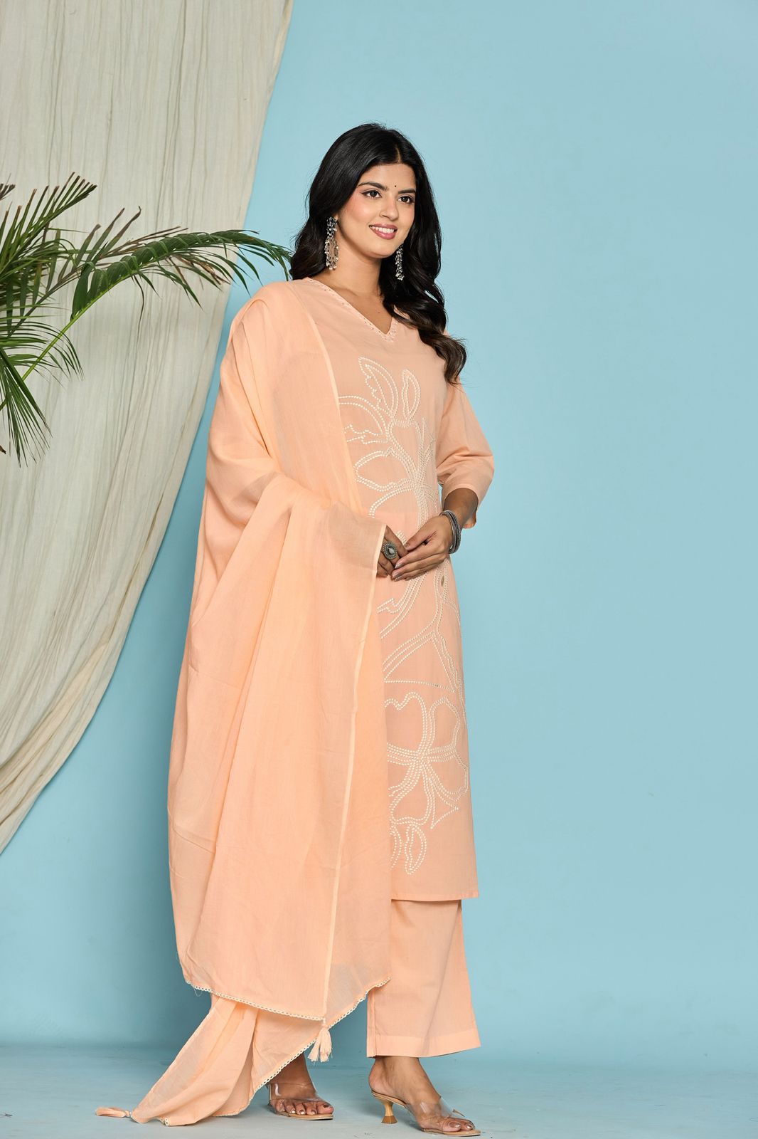 Peach Flower Embroidery Cotton Dupatta Set