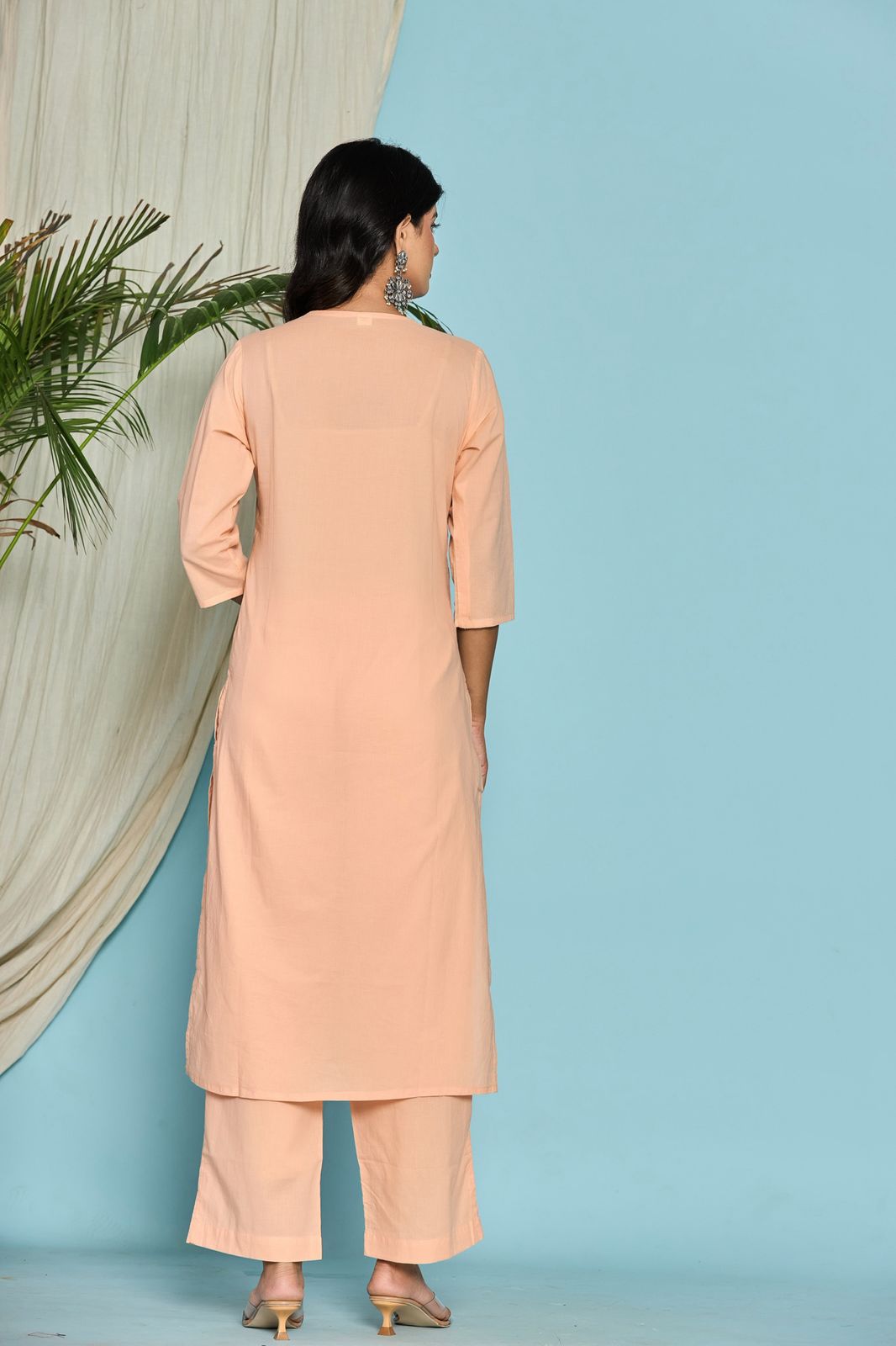 Peach Flower Embroidery Cotton Dupatta Set