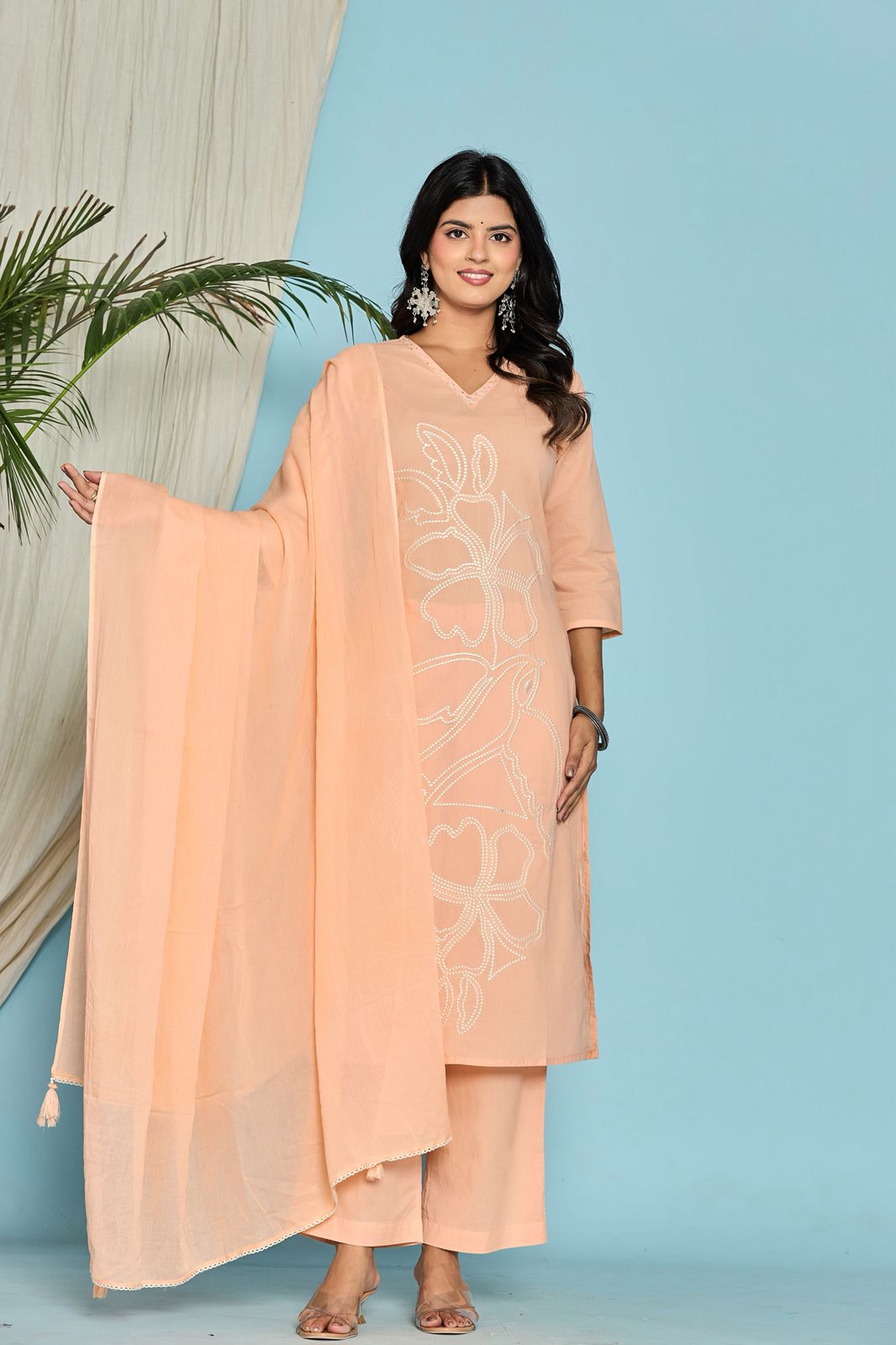 Peach Flower Embroidery Cotton Dupatta Set
