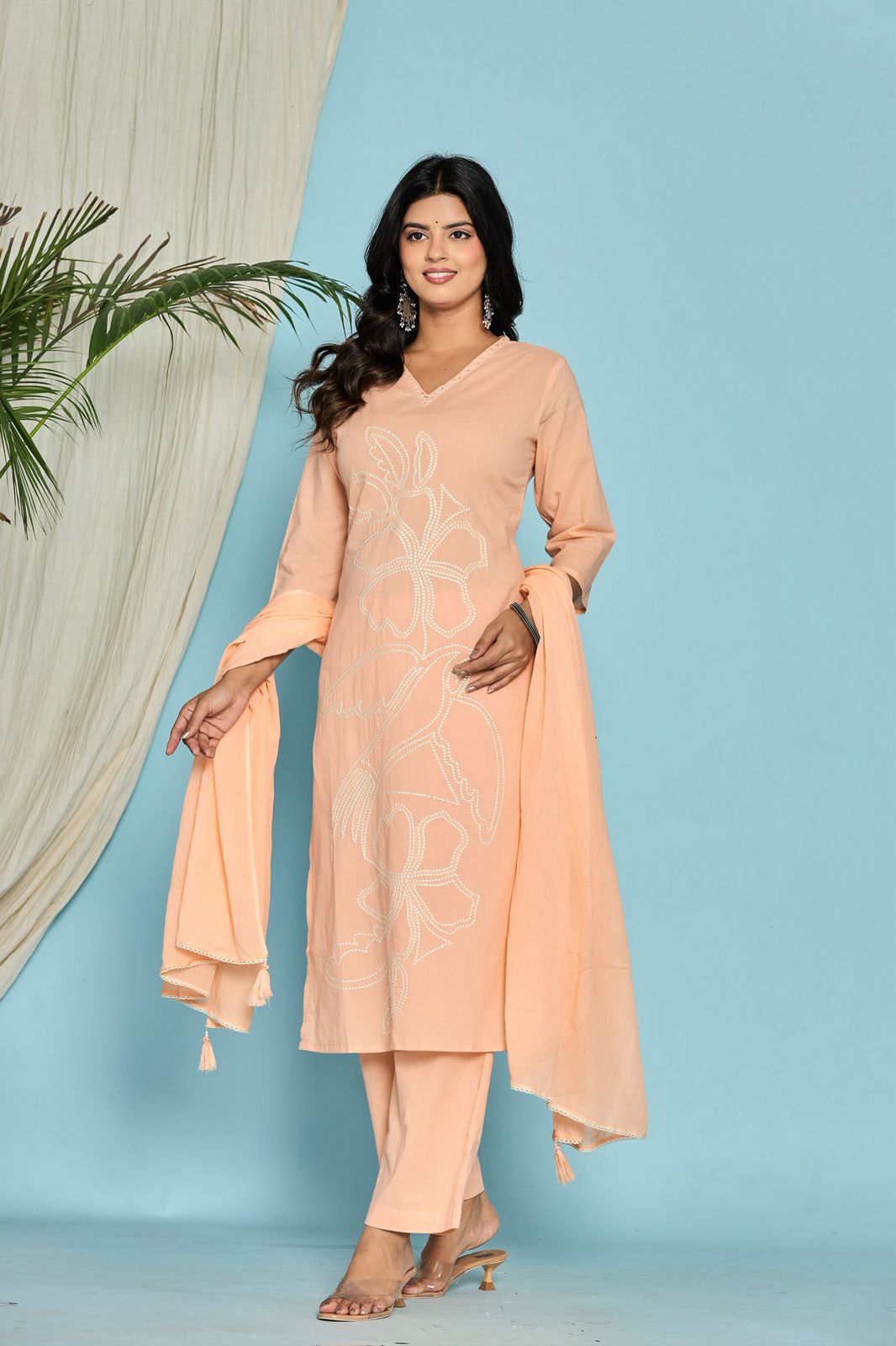 Peach Flower Embroidery Cotton Dupatta Set