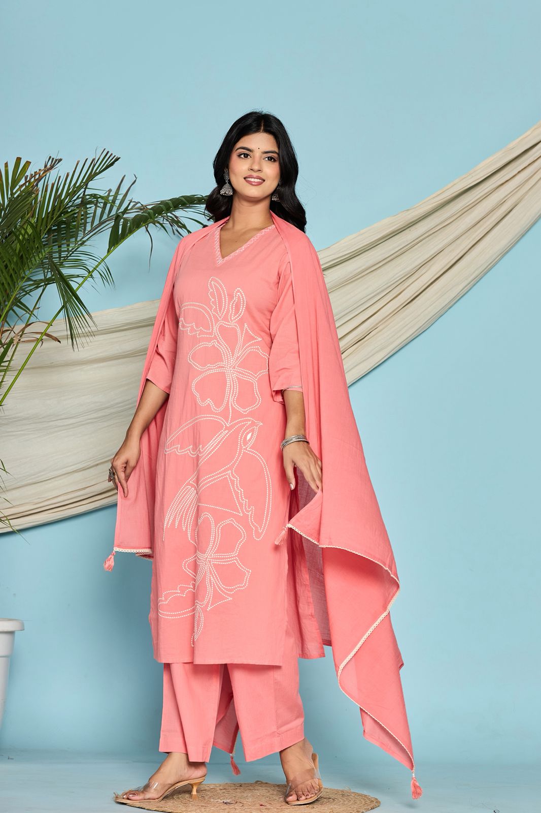 Pink Flower Embroidery Cotton Dupatta Set
