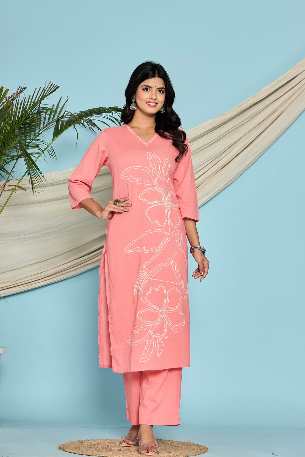 Pink Flower Embroidery Cotton Dupatta Set