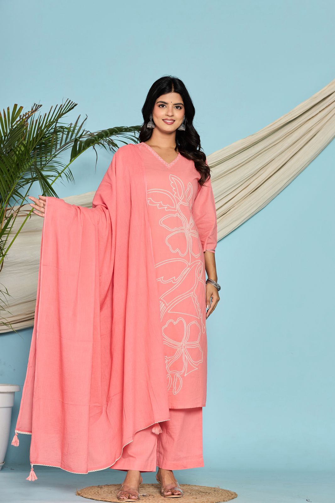 Pink Flower Embroidery Cotton Dupatta Set