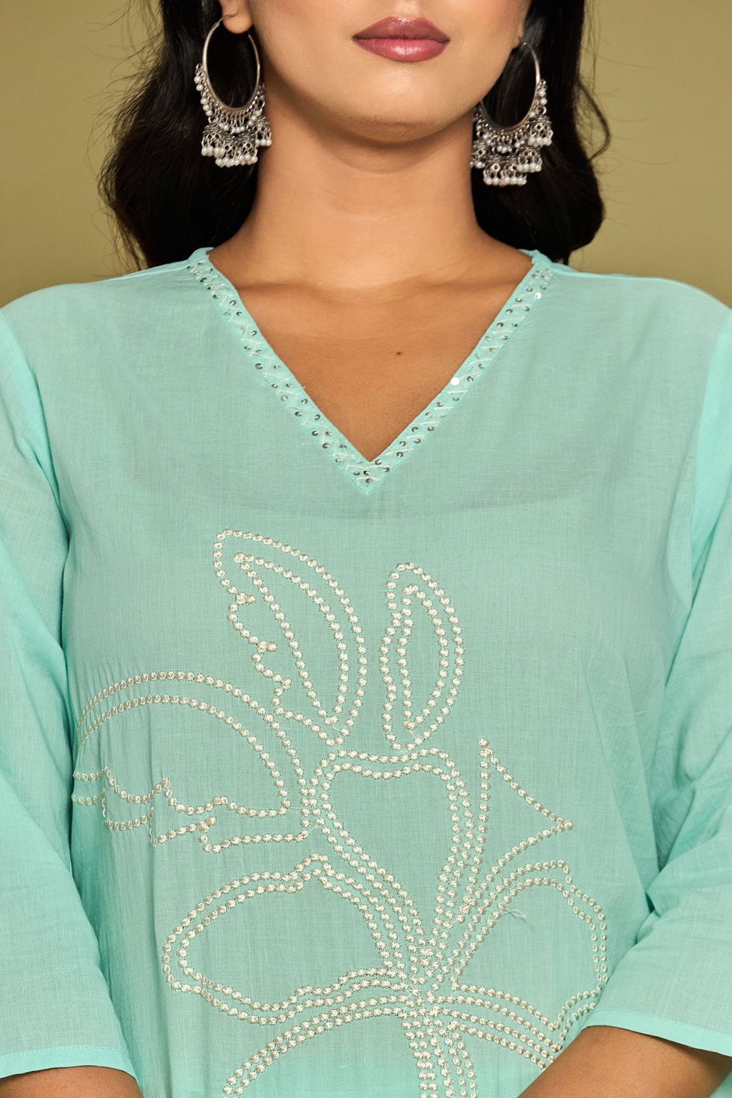 Mint Flower Embroidery Cotton Dupatta Set