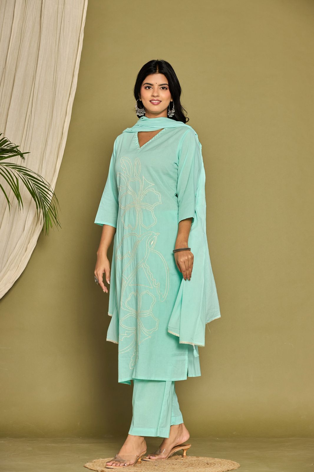Mint Flower Embroidery Cotton Dupatta Set