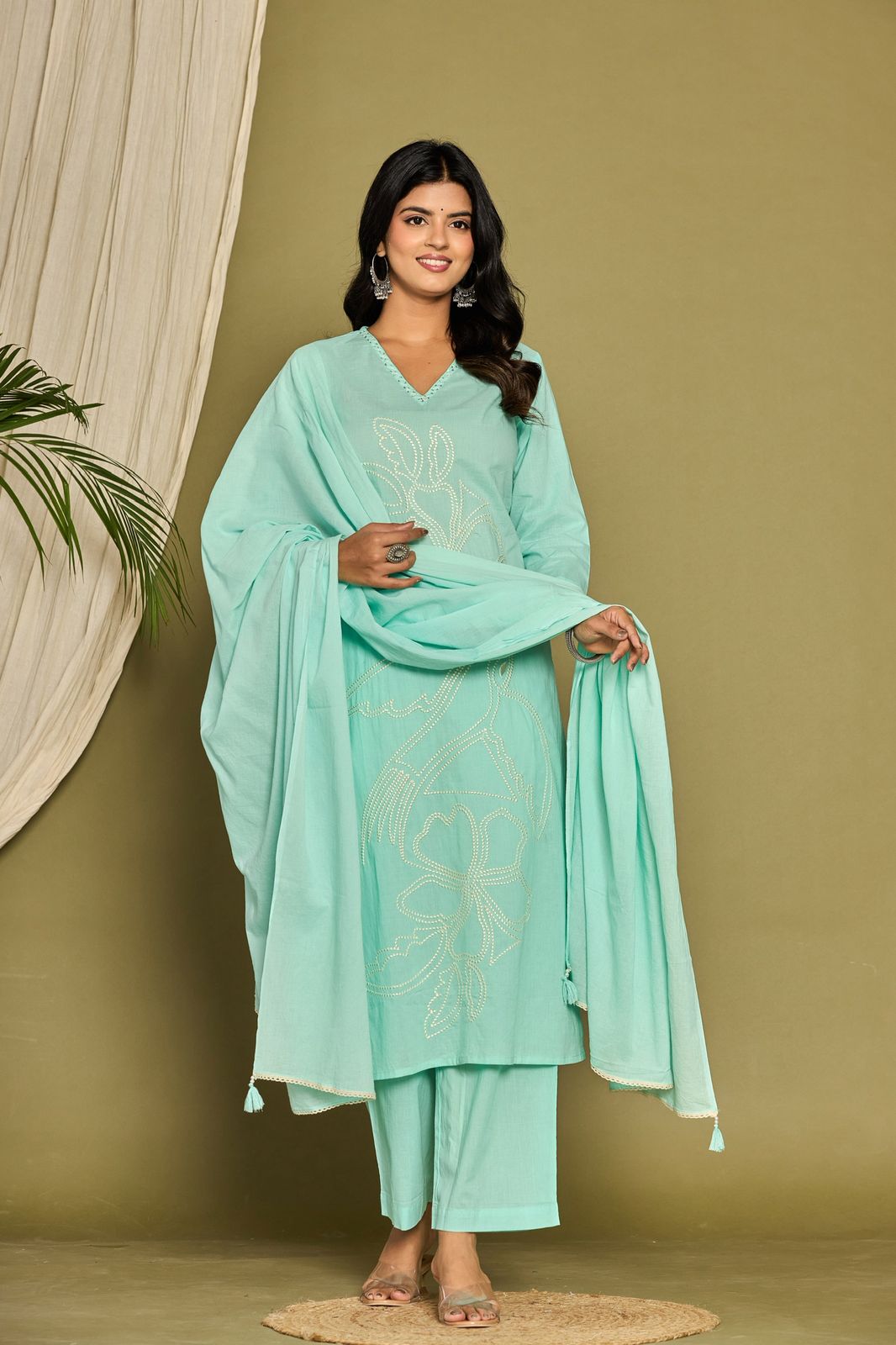 Mint Flower Embroidery Cotton Dupatta Set