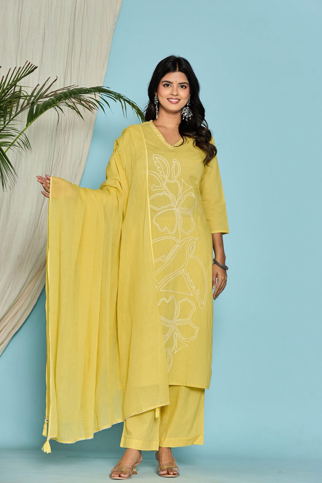 Yellow Flower Embroidery Cotton Dupatta Set