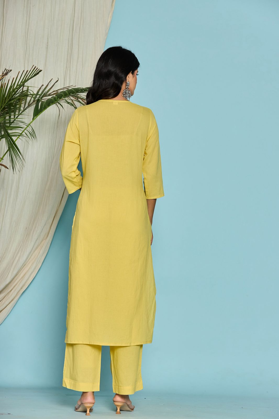 Yellow Flower Embroidery Cotton Dupatta Set