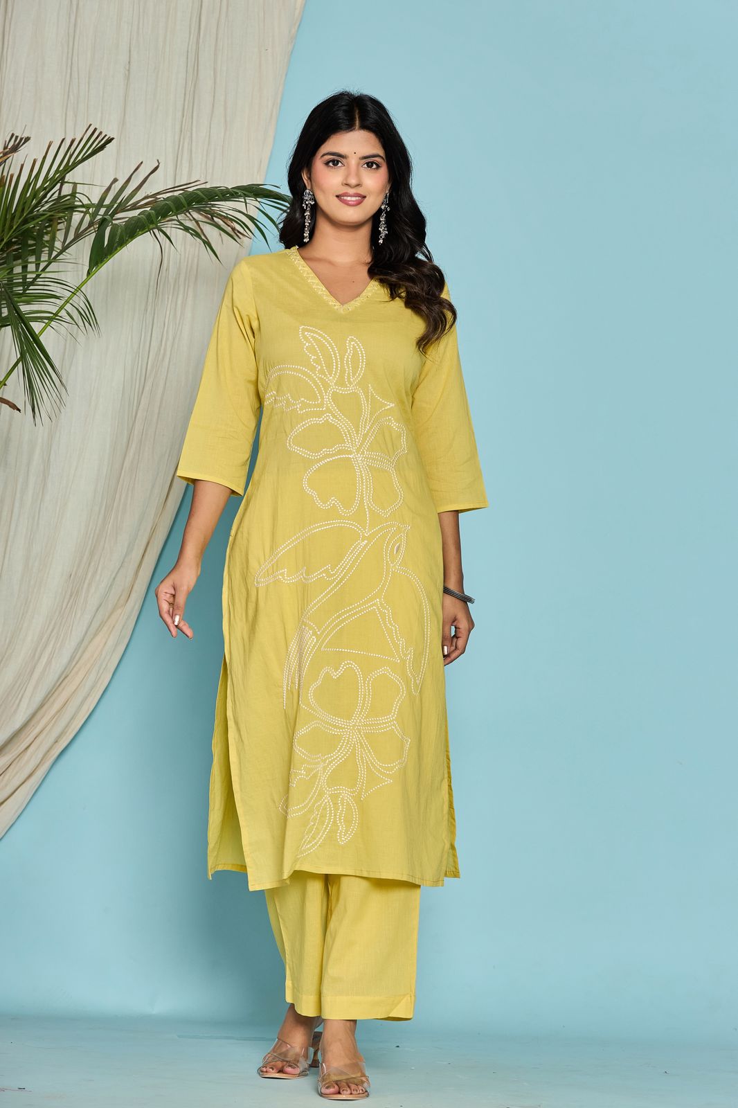 Yellow Flower Embroidery Cotton Dupatta Set