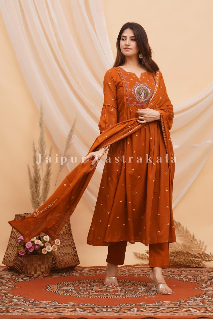 Rust Peacock Shimmer Embroidery Anarkali Suit